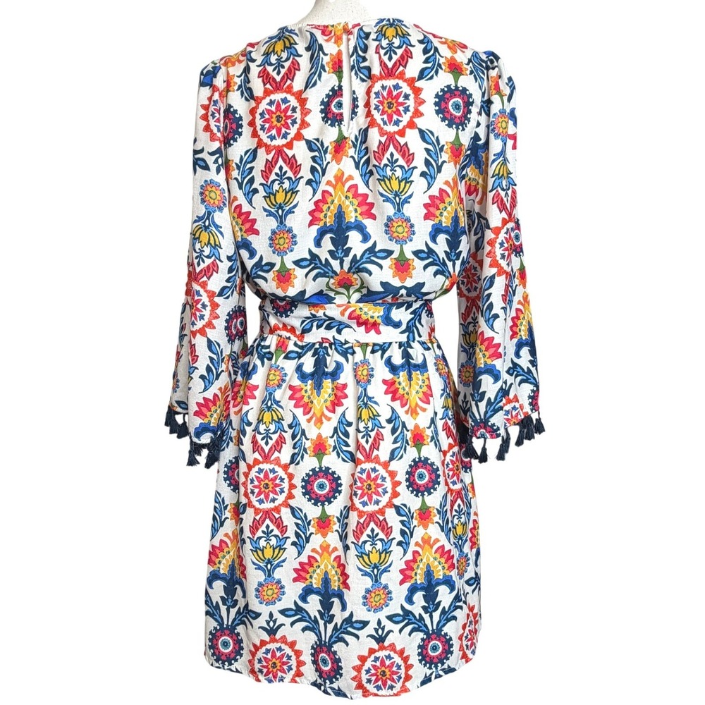 AURA Medallion Mini Dress S White Multicolor Boho Tassel Sleeve Tie Waist Summer - Picture 8 of 12
